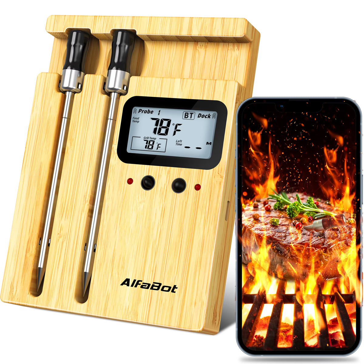 AlfaBot Wireless Meat Thermometer Digital, 2 Probes, Improved Stability, 520FT Bluetooth Cooking Thermometer for Grill, BBQ, Smoker, Air Fryer, Rotisserie