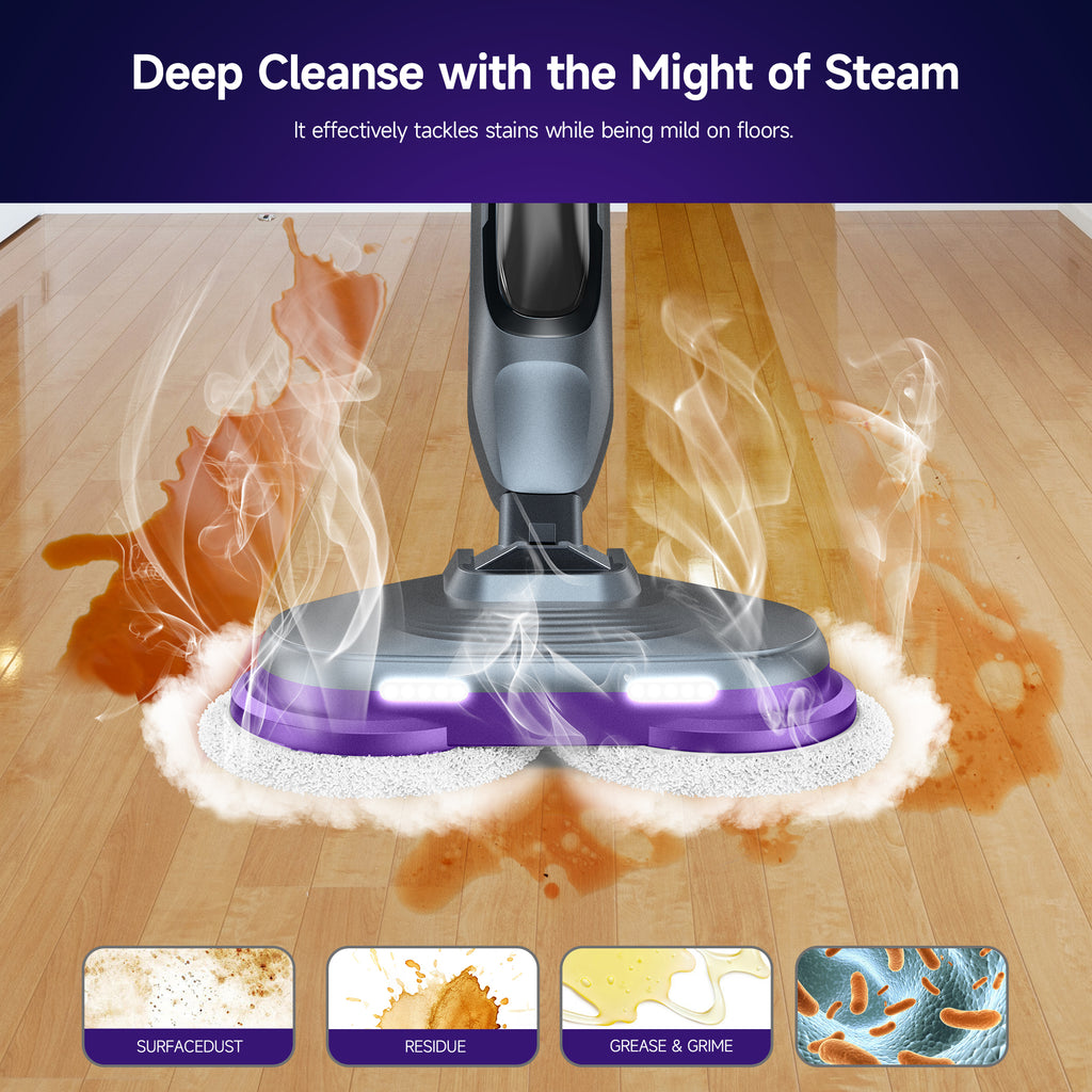 BOJUK Steam & Scrub Mop with Rotating Mop Pads, LED Headlights, Adjustable Spin Control for Cleaning All Hard Floor