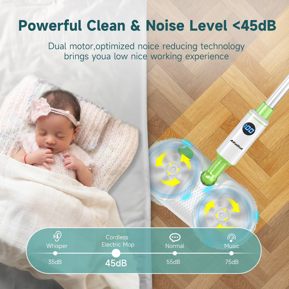 AlfaBot Cordless Electric Mop, Self-Propelled Dual-Spin Mop with LED Light & Spray, 260ml Tank 50 Mins Runtime, Lightweight for Hardwood Tile Cleaning Up to 2700 sq.ft