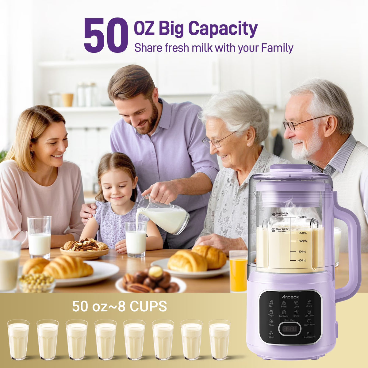 AlfaBot 50OZ Nut Milk Maker, 10-in-1 Automatic Soy Milk Machine for Homemade Oat, Coconut, Almond, Yogurt, with Self-Clean, Delay Start, Keep Warm Boil Water
