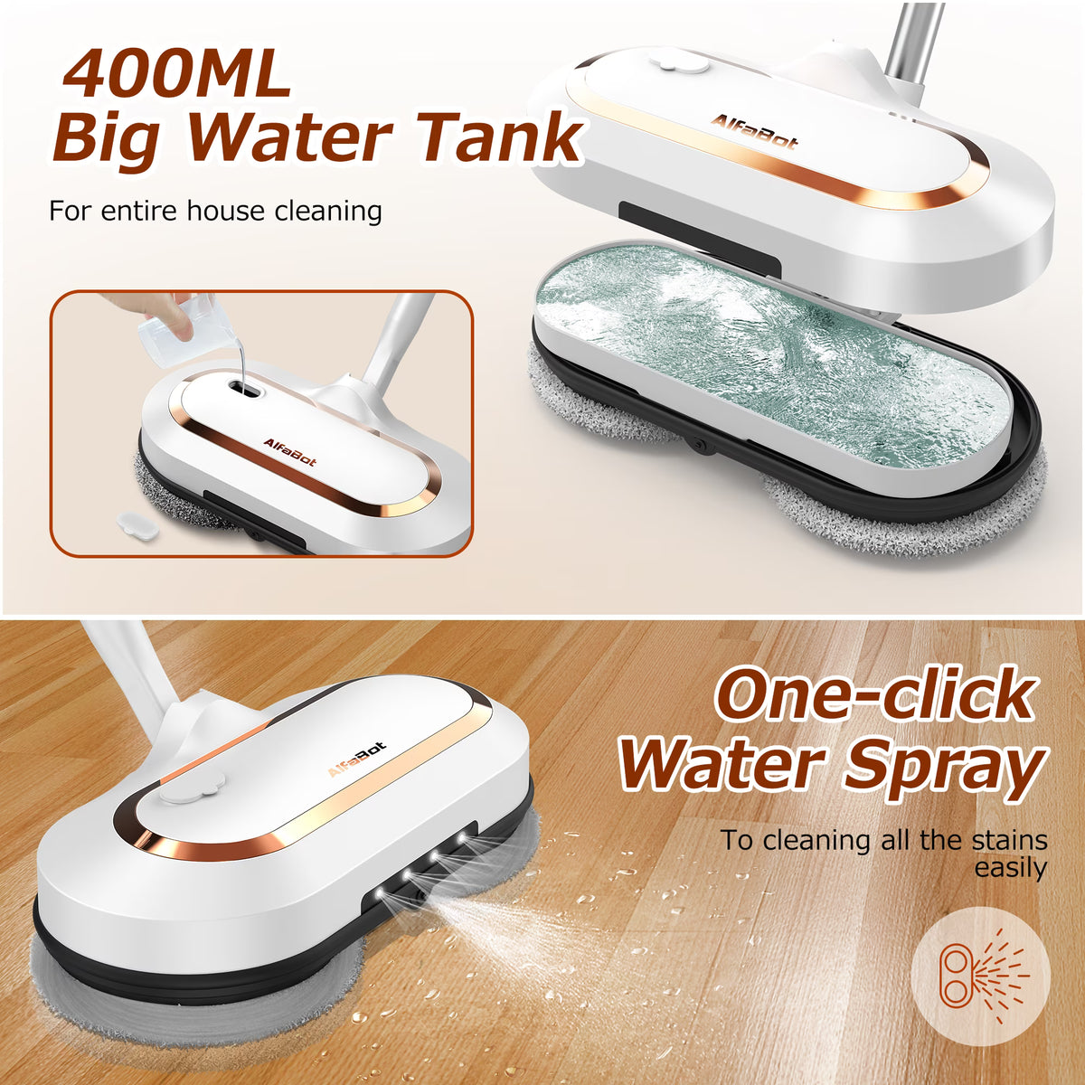 Cordless Electric Mop, AlfaBot Floor Cleaner with LED Headlight & Water Sprayer, Up to 60 mins Working Time, Dual-Motor Powerful Spin Mop with 13.6oz Water Tank for Multi-Surface, Self-Propelled