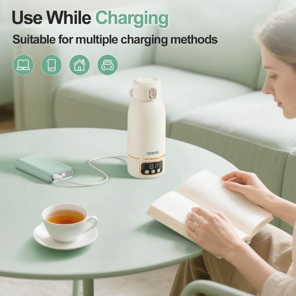 AlfaBot Portable Bottle Warmer for Travel ,Large 17.6oz Precise Temp Control for Breastmilk & Formula, Long Battery Life, USB Rechargeable Fast Heating Leak-Proof