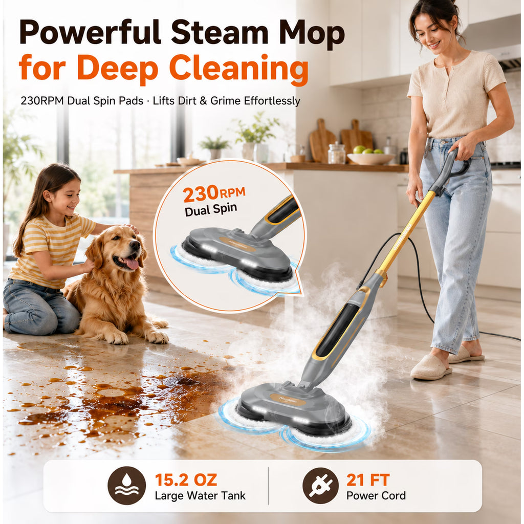 AlfaBot  Dual-Spin Steam Mop 230 RPM with 235°F Steam for Hardwood & Tile