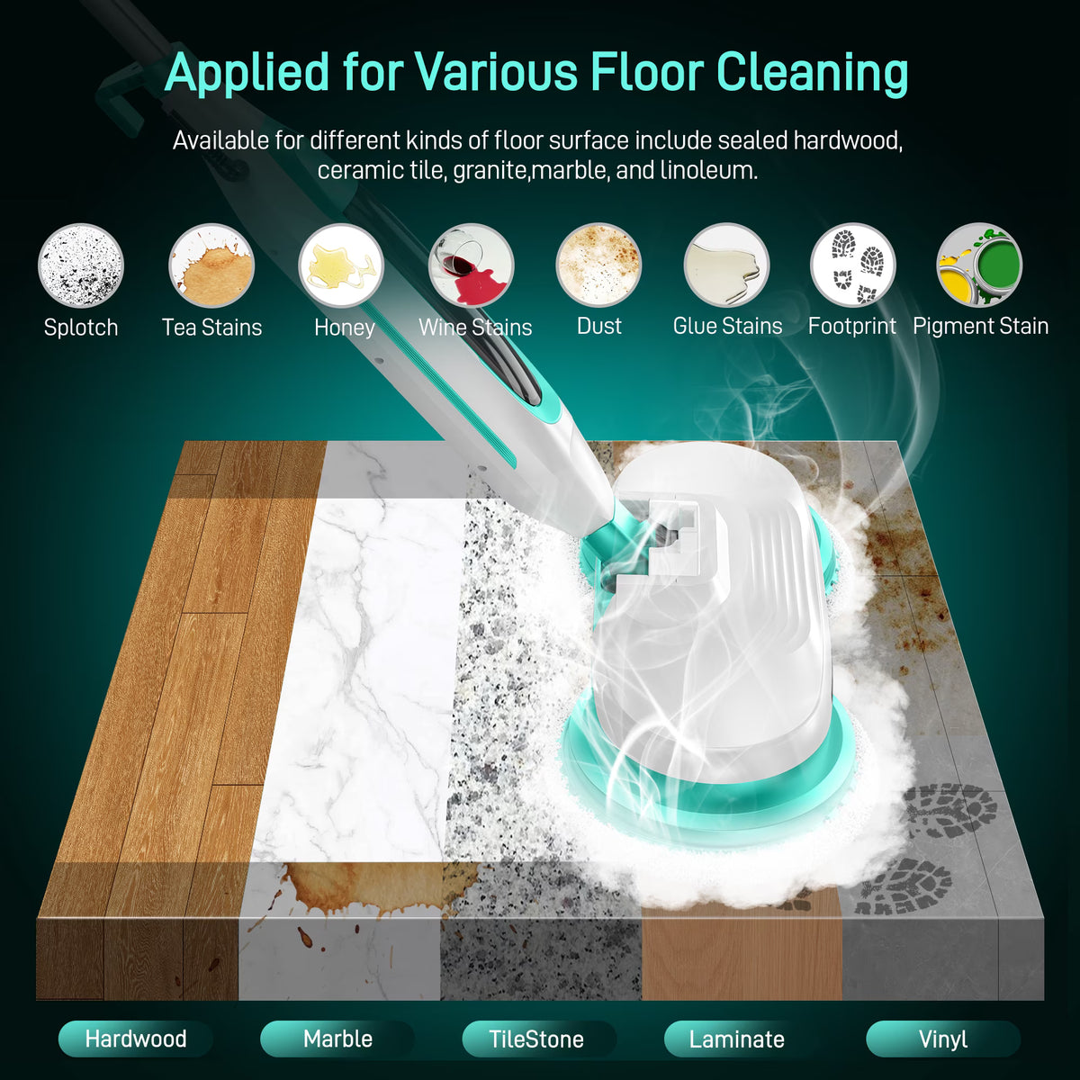 BOJUK Scrubbing Steam Mop with Rotating Mop Pads, All-in-One Hard Floor Cleaner with LED Headlights & Swivel Steering