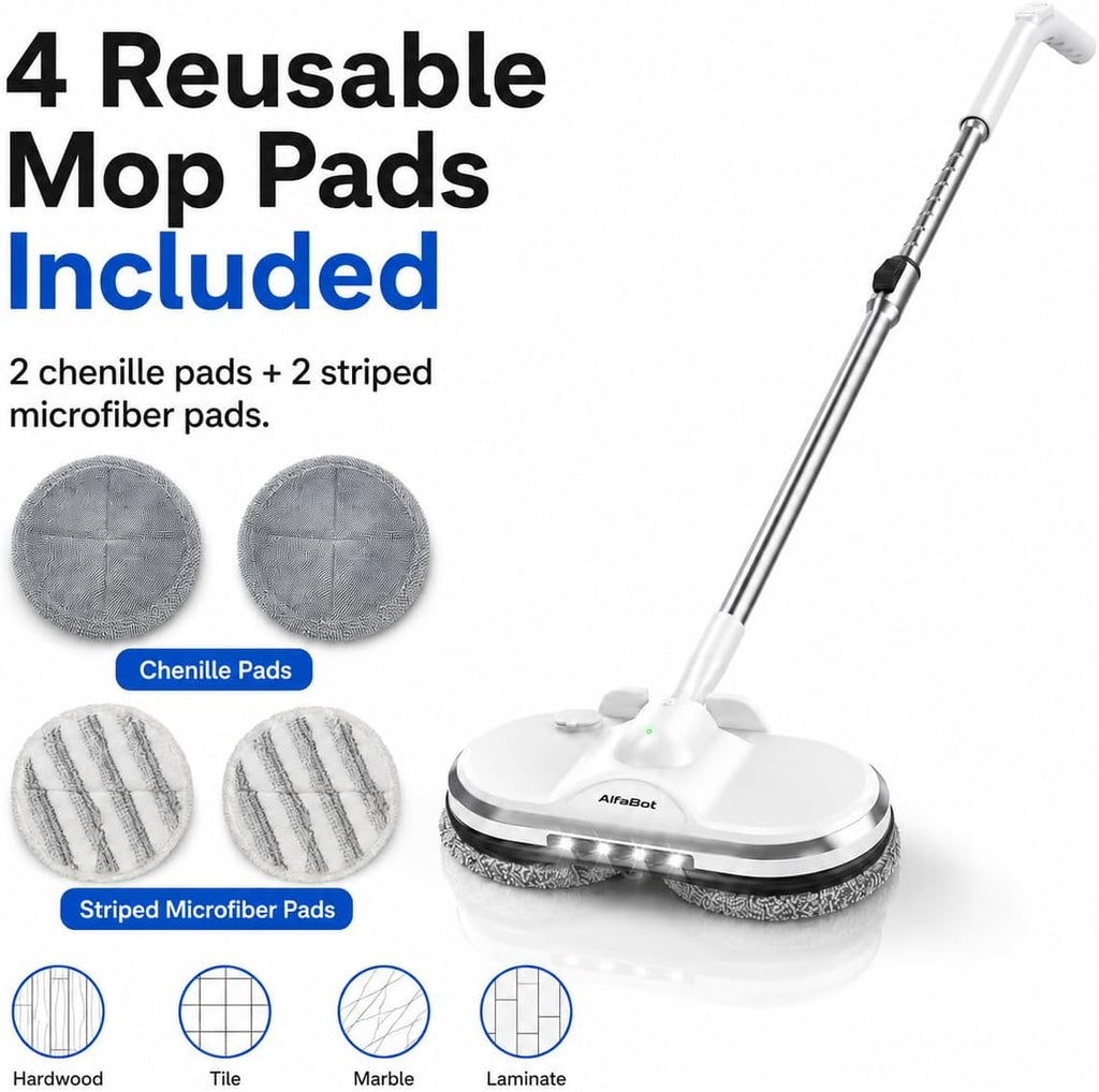 AlfaBot Cordless Electric Mop for Floor Cleaning, Electric Spin Mop, Electric Mop with Water Sprayer and LED Headlight, Lightweight & Rechargeable Floor Scrubber for Hardwood Tile Floors