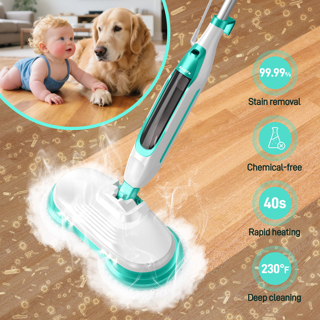 BOJUK Scrubbing Steam Mop with Rotating Mop Pads, All-in-One Hard Floor Cleaner with LED Headlights & Swivel Steering