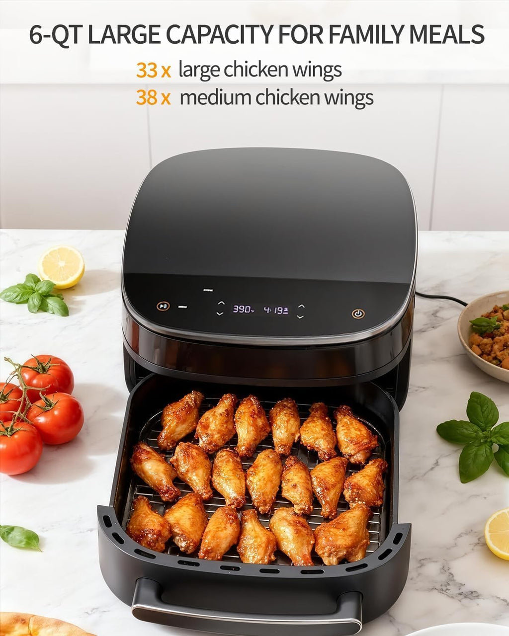 AlfaBot 11-in-1 Extra Large 6 QT Air Fryer Fits 12" Pizza or Steaks, 450°F Dual Heat Source Technology with Superior Airflow, Smart Digital Fryer with Cooking Basket, Whisper-Quiet