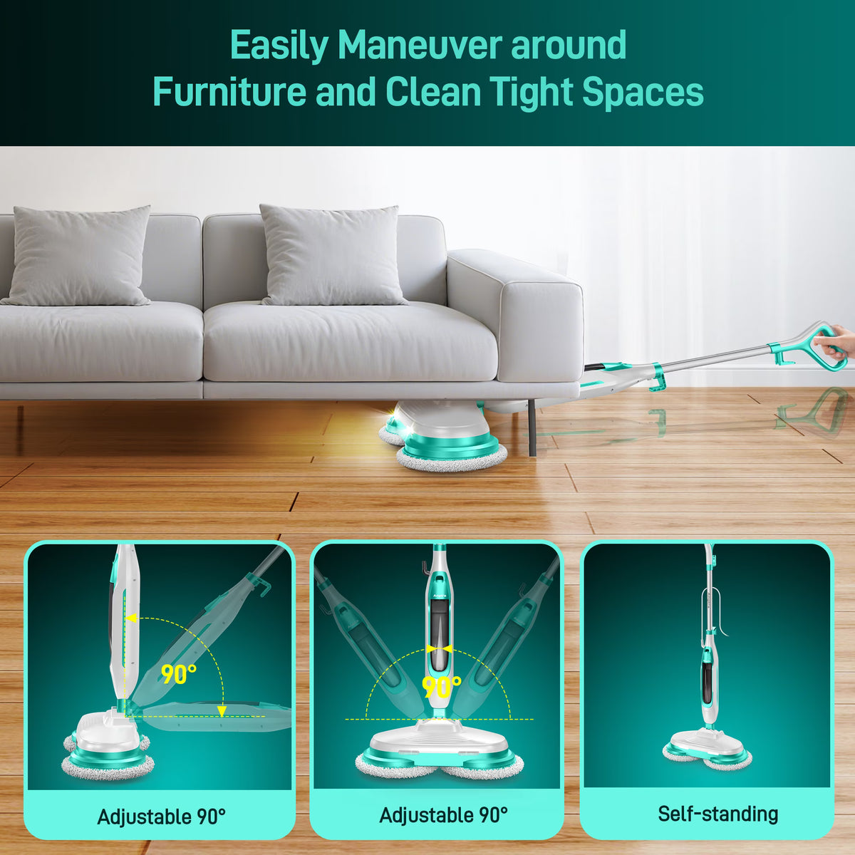BOJUK Scrubbing Steam Mop with Rotating Mop Pads, All-in-One Hard Floor Cleaner with LED Headlights & Swivel Steering