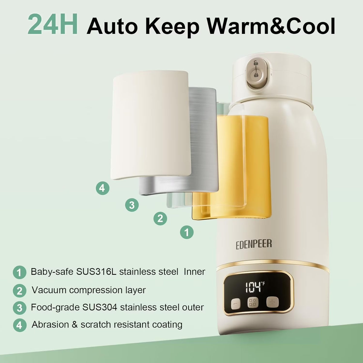 AlfaBot Portable Bottle Warmer for Travel ,Large 17.6oz Precise Temp Control for Breastmilk & Formula, Long Battery Life, USB Rechargeable Fast Heating Leak-Proof