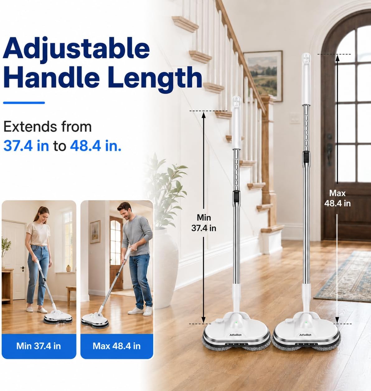 AlfaBot Cordless Electric Mop for Floor Cleaning, Electric Spin Mop, Electric Mop with Water Sprayer and LED Headlight, Lightweight & Rechargeable Floor Scrubber for Hardwood Tile Floors