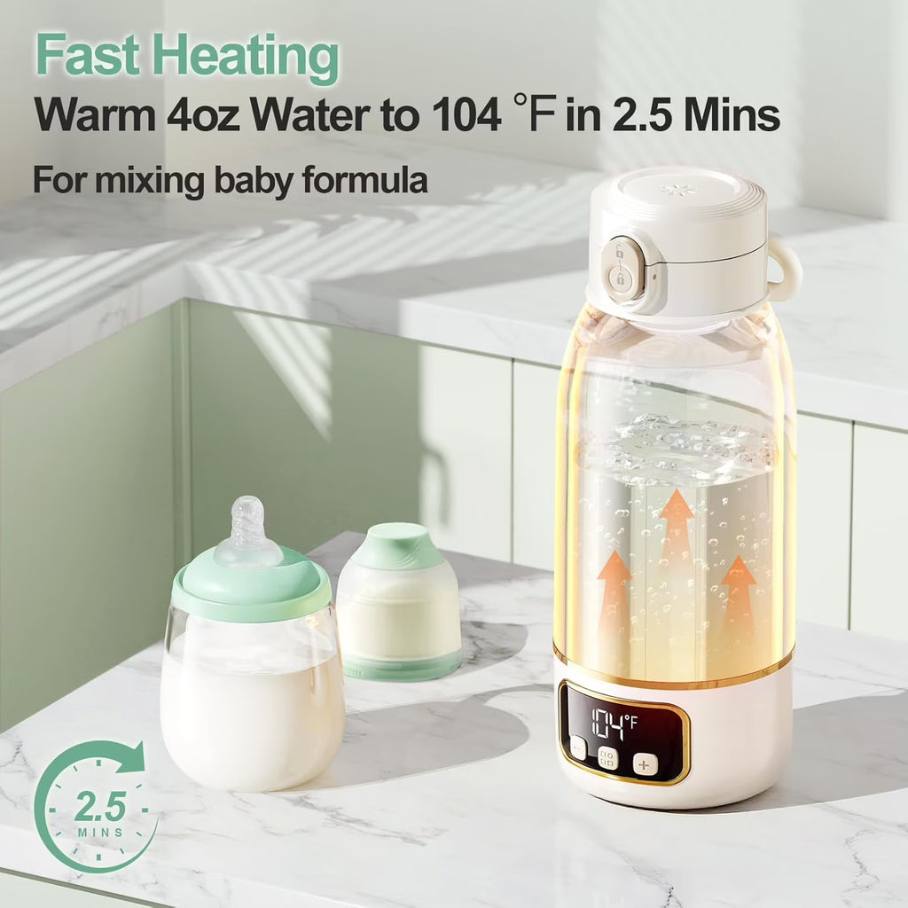 AlfaBot Portable Bottle Warmer for Travel ,Large 17.6oz Precise Temp Control for Breastmilk & Formula, Long Battery Life, USB Rechargeable Fast Heating Leak-Proof