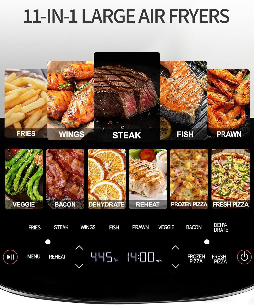 AlfaBot 11-in-1 Extra Large 6 QT Air Fryer Fits 12" Pizza or Steaks, 450°F Dual Heat Source Technology with Superior Airflow, Smart Digital Fryer with Cooking Basket, Whisper-Quiet