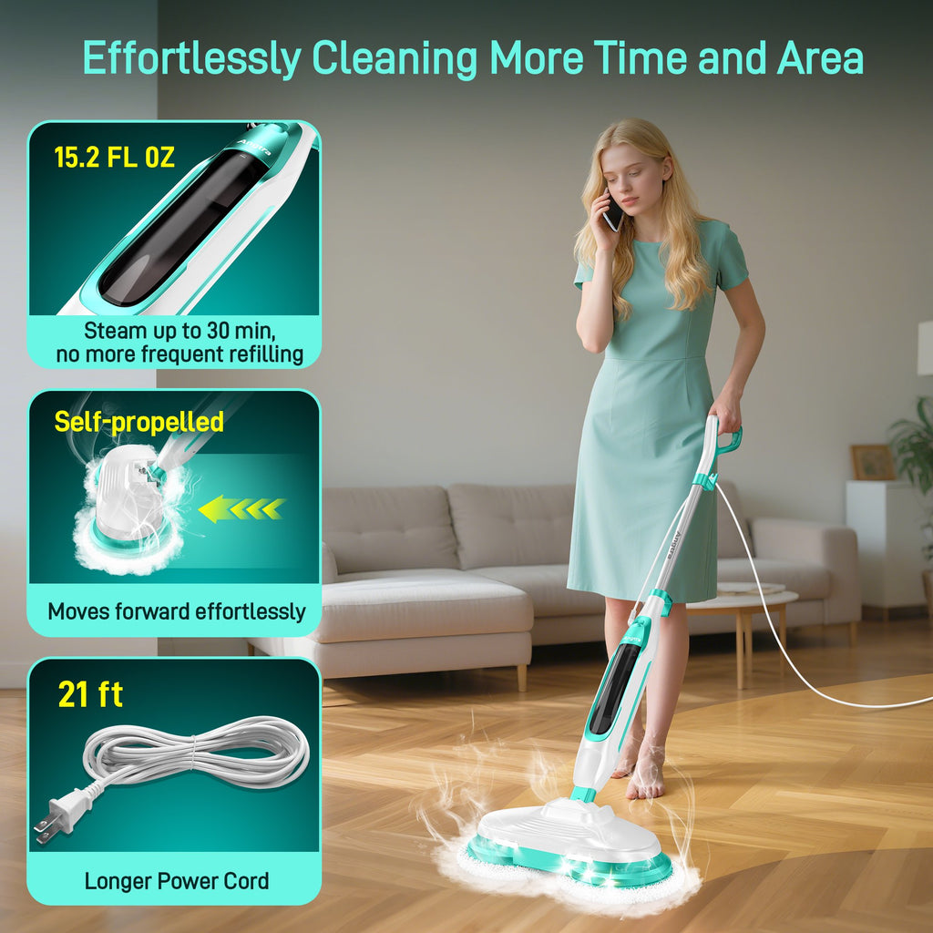 BOJUK Scrubbing Steam Mop with Rotating Mop Pads, All-in-One Hard Floor Cleaner with LED Headlights & Swivel Steering
