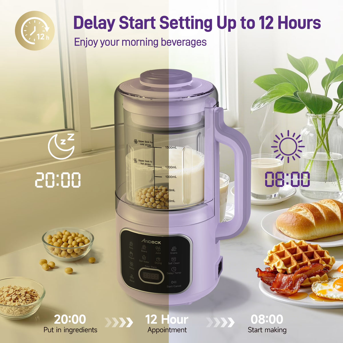 AlfaBot 50OZ Nut Milk Maker, 10-in-1 Automatic Soy Milk Machine for Homemade Oat, Coconut, Almond, Yogurt, with Self-Clean, Delay Start, Keep Warm Boil Water