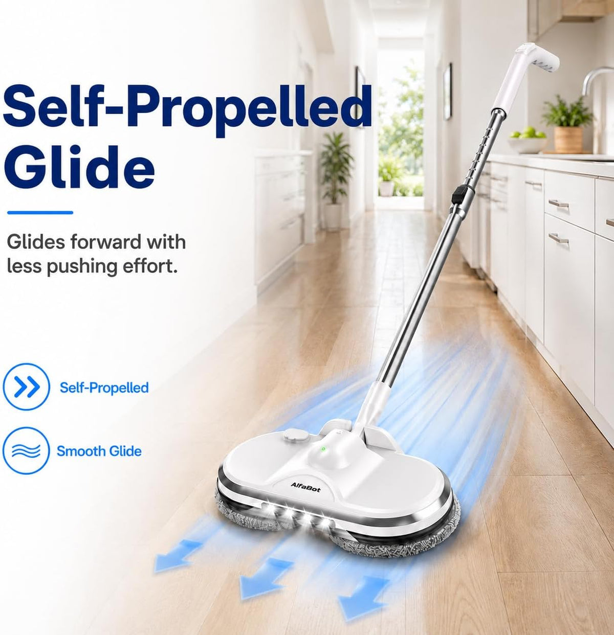 AlfaBot Cordless Electric Mop for Floor Cleaning, Electric Spin Mop, Electric Mop with Water Sprayer and LED Headlight, Lightweight & Rechargeable Floor Scrubber for Hardwood Tile Floors