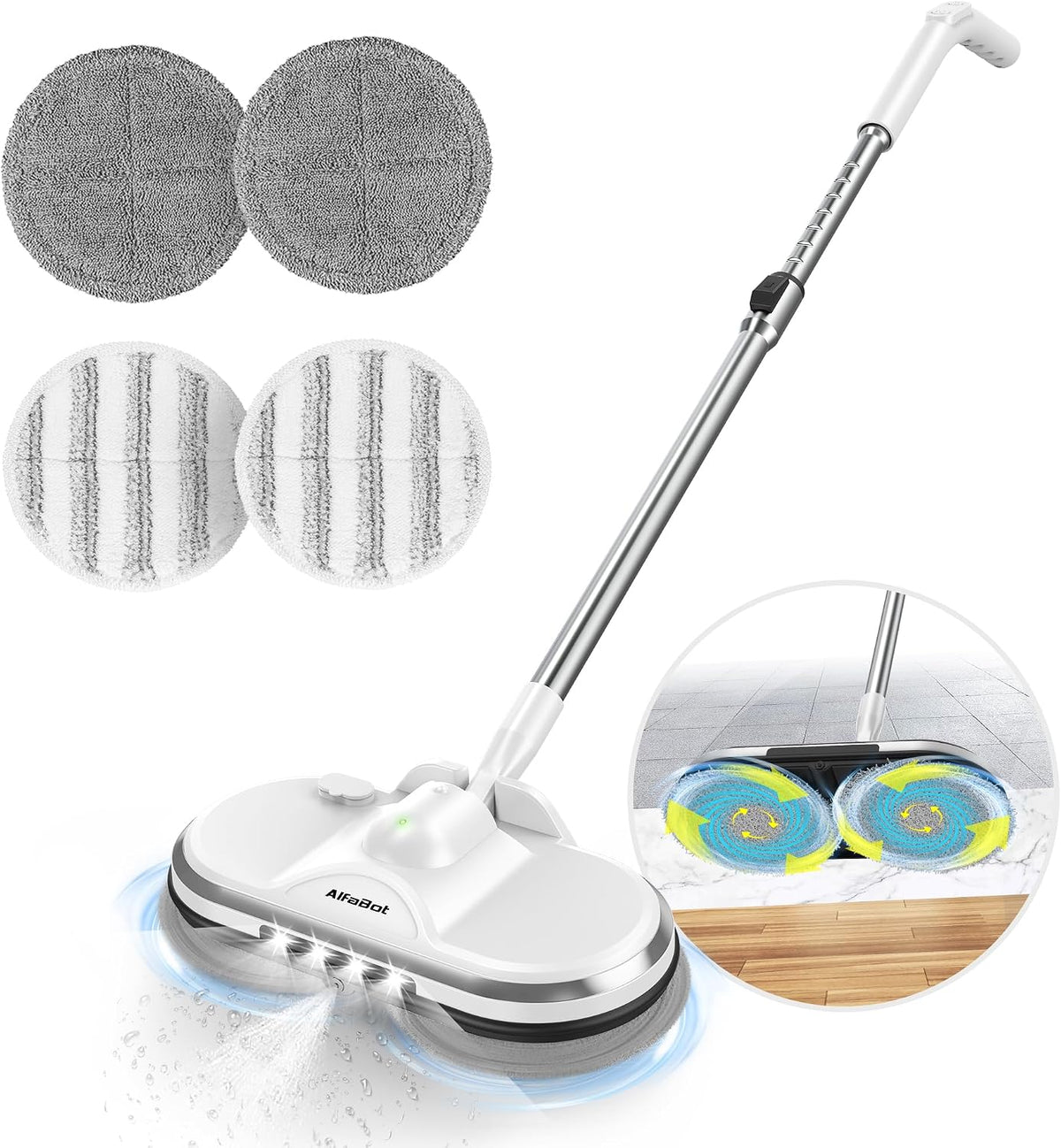 AlfaBot Cordless Electric Mop for Floor Cleaning, Electric Spin Mop, Electric Mop with Water Sprayer and LED Headlight, Lightweight & Rechargeable Floor Scrubber for Hardwood Tile Floors