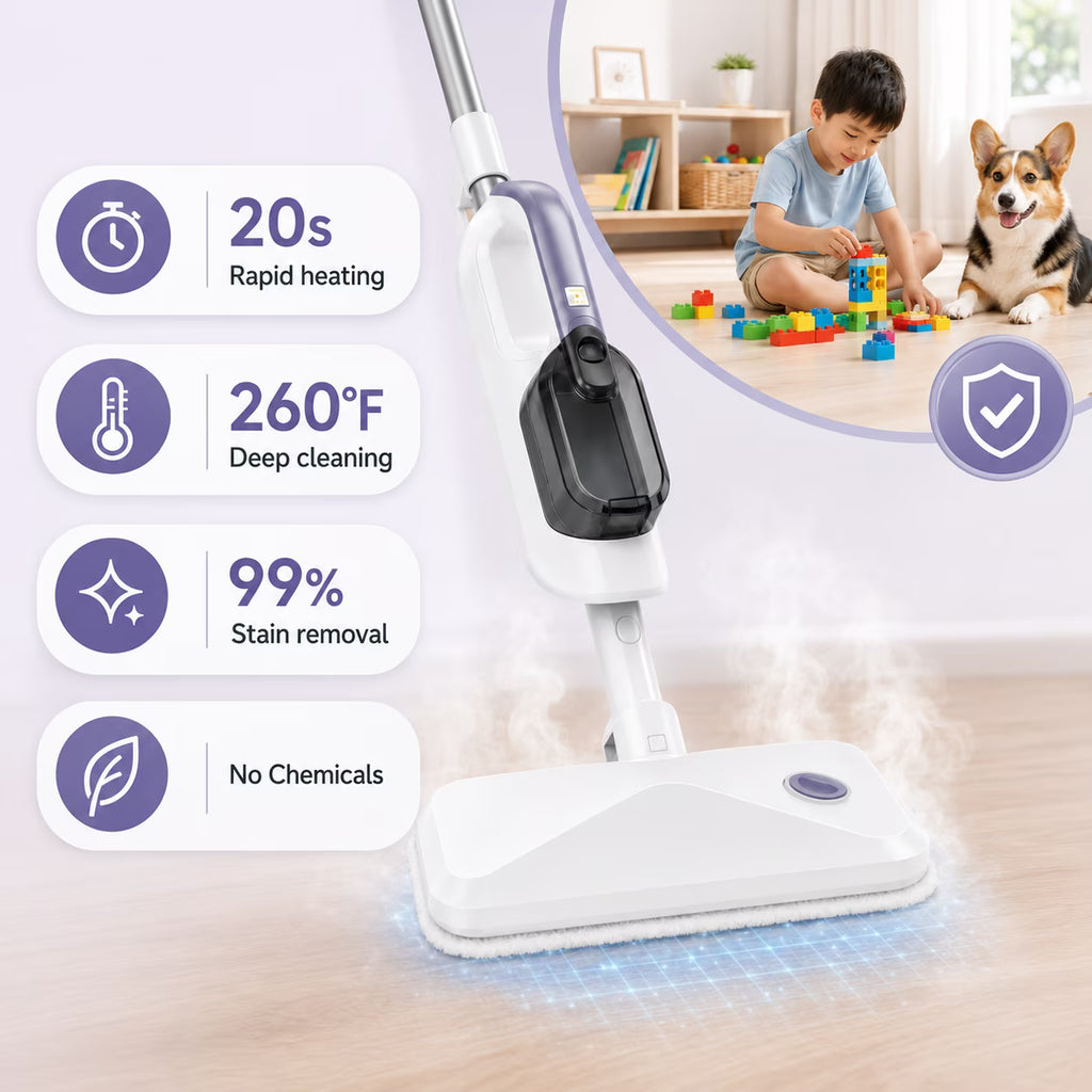 BOJUK 10-in-1 Steam Mop, Handheld Steamer for Tile, Hardwood, Laminate Floor, Quick Heat Up, Reusable Pads, Home Floor Cleaning D7