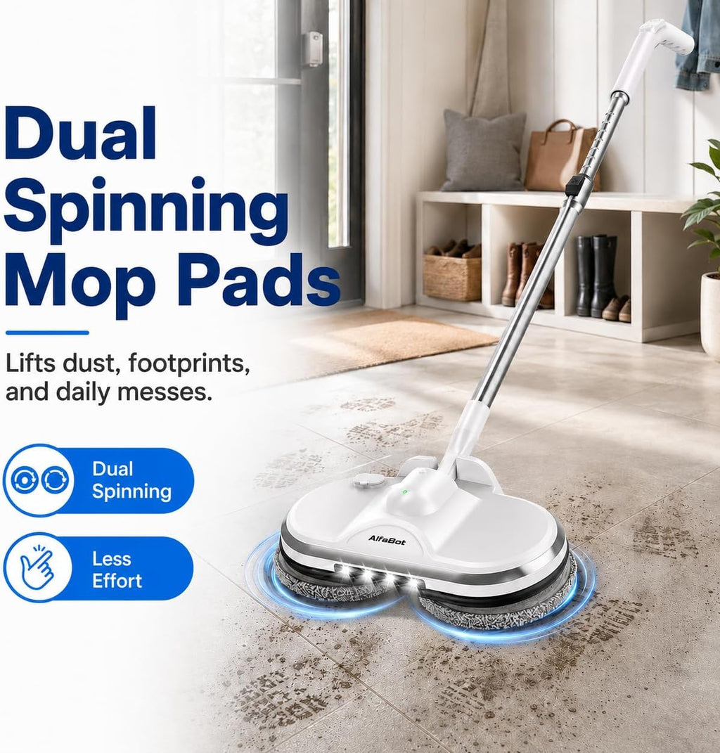 AlfaBot Cordless Electric Mop for Floor Cleaning, Electric Spin Mop, Electric Mop with Water Sprayer and LED Headlight, Lightweight & Rechargeable Floor Scrubber for Hardwood Tile Floors